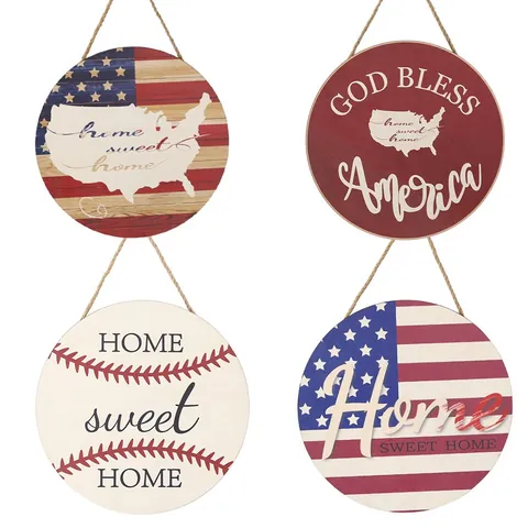 Placa Colgante Redonda Madera Día de la Independencia Bandera Americana Patriótica Decoración Puerta Hogar God Bless America Home Sweet Home