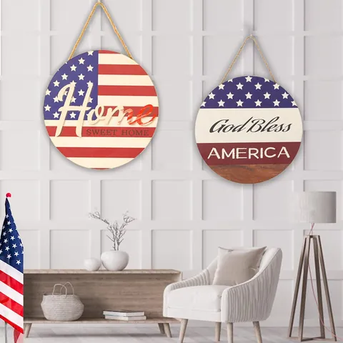 Placa Colgante Redonda Madera Día de la Independencia Bandera Americana Patriótica Decoración Puerta Hogar God Bless America Home Sweet Home