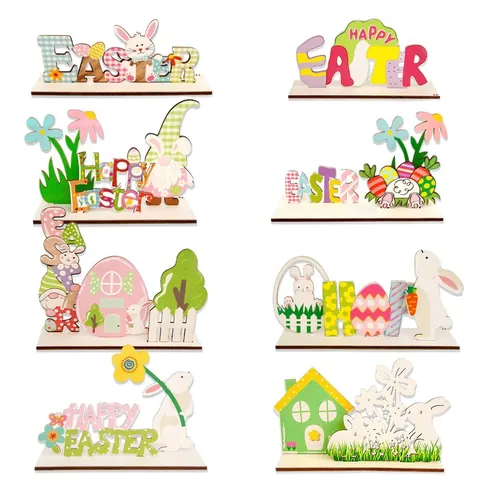 Easter Wooden Ornament Festive Bunny Gnome Letter Printed Desktop Decoration Home Party Supplies Holiday Table Centerpiece