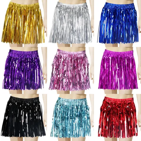 Falda de Flecos de Tinsel Metálico Brillante Para Mujeres Niños Falda de Hierba Hula Para Fiesta Hawaiana Rendimiento de Animadora Accesorio de Disfraz