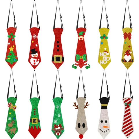 Kids Christmas Glitter Felt Ties Cartoon Snowman Elk Santa Claus Patterns Adjustable Strap For Festive Costume Party Decorations