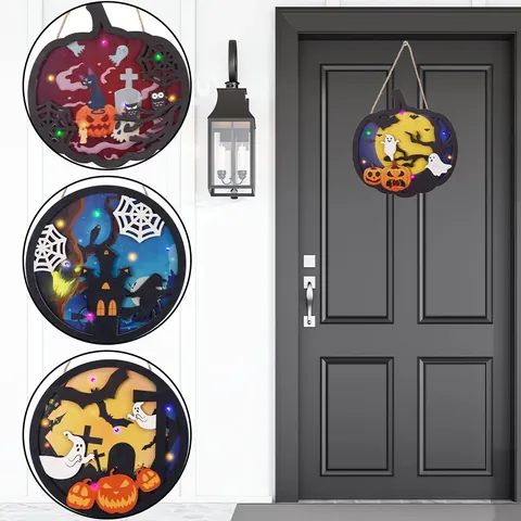 Cartel de Madera LED Halloween Patrón Calabaza Fantasma Castillo Adorno Colgante Hueco 3D Con Luz Para Fiesta Hogar