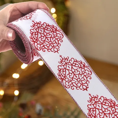 2m Christmas Wired Edge Ribbon Pink White Faux Linen Glitter Reindeer Lace Floral Ribbon For Xmas Tree Decor DIY Craft