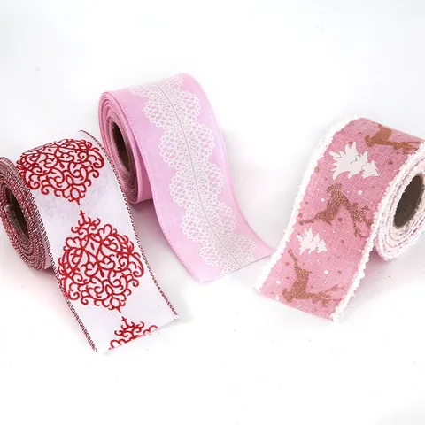 2m Christmas Wired Edge Ribbon Pink White Faux Linen Glitter Reindeer Lace Floral Ribbon For Xmas Tree Decor DIY Craft