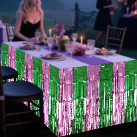 Gonna da Tavolo con Frange in Foglia Metallica Rosa e Verde Sfondo di Tinsel per Compleanno Matrimonio Halloween Decorazioni Festa