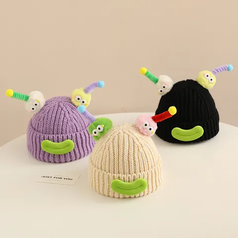 Kids Cartoon Little Monster Antenna Knit Beanie Hat Polyester Warm Winter Cap With 3D Eyes For Toddlers Boys Girls Daily Outdoor