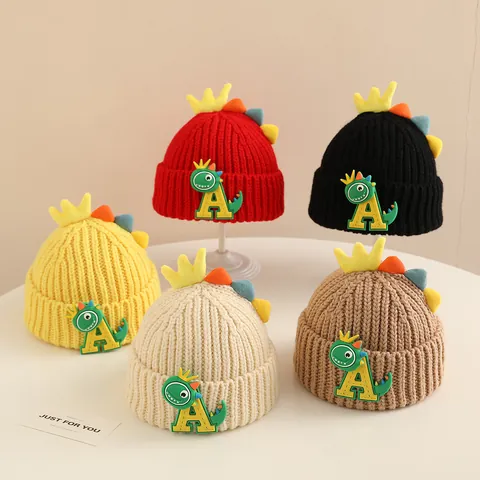 Cartoon Dinosaur Kids Knit Hat With Crown Letter A Patchwork Winter Warm Crochet Beanie For Toddler Boys Girls