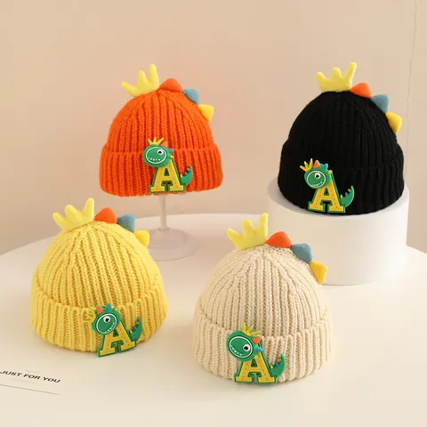 Cartoon Dinosaur Kids Knit Hat With Crown Letter A Patchwork Winter Warm Crochet Beanie For Toddler Boys Girls