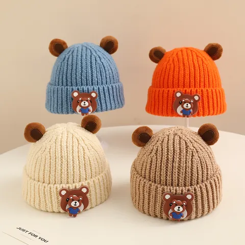 Berretto In Maglia Per Bambini Con Simpatiche Orecchie Da Orso Cartone Animato Caldo Invernale Tinta Unita Cappello Per Bimbi Ragazzi Ragazze