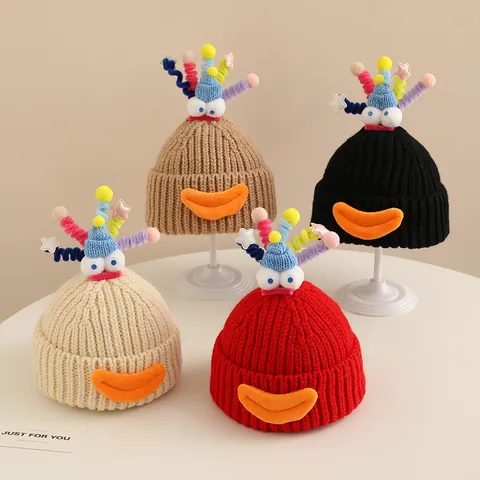 Kids Cartoon Monster Knitted Hat With 3D Eyes Plush Mouth Colorful Spiral Antenna Warm Winter Beanie For Boys Girls