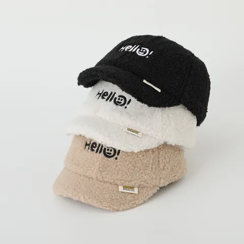 Kinderen Winter Sherpa Fleece Honkbalpet Warme Pluche Hoed Met Strik Smile Face Boston Borduurwerk Voor Peuters Jongens Meisjes