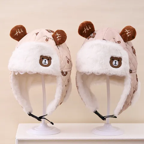 Children Winter Lei Feng Hat Windproof Warm Ear Protection Hat With Cartoon Bear Ears For Boys Girls Kids Quilted Cap