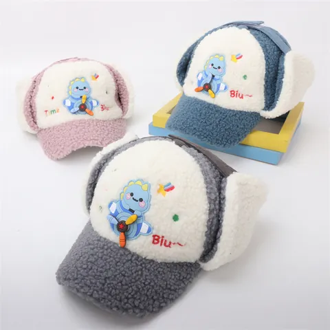 Children Winter Trapper Hat Cartoon Dinosaur Ear Protection Sherpa Fleece Warm Windproof Aviator Hat For Boys Girls