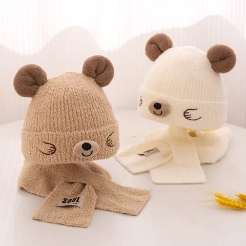 Kids Winter Knit Hat And Scarf Cute Bear Ears Warm Acrylic Fleece Lined Beanie Neck Warmer For Toddler Boys Girls