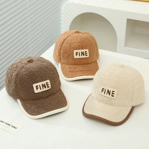 Kids Lamb Wool Baseball Cap Winter Warm Teddy Fleece Letter Embroidered Patch Contrast Binding Adjustable Sun Hat For Boys Girls