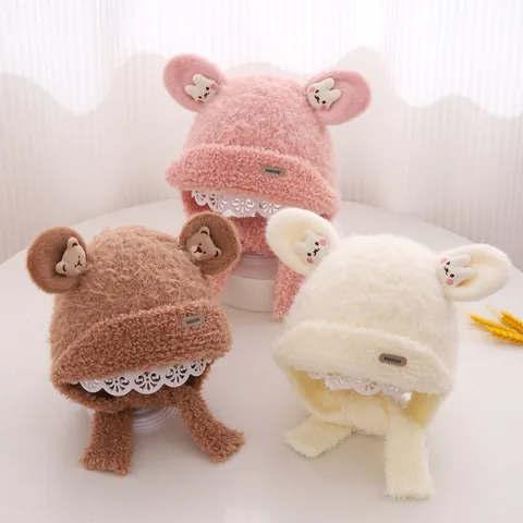 Cappello Invernale Bambini Peluche con Paraorecchie Orso Cartone Animato Calda Lana di Agnello Sintetica Berretto Antivento per Ragazzi Ragazze