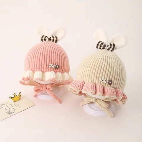 Baby Mädchen Strickmütze Winter Warm Hasenohren Schleife Ohrenschutz Kappe Kleinkind Winddicht Beanie Rüschenrand Süße Kopfbedeckung