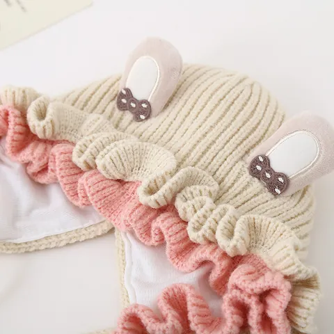 Baby Girls Winter Knit Hat With Rabbit Ears Heart Pattern Warm Fleece Lined Beanie Hat With Chin Strap For Kids