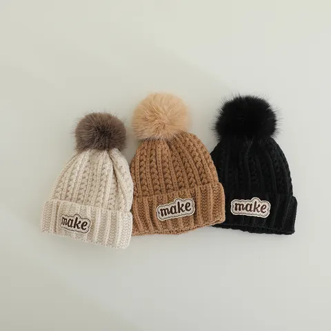 Kids Winter Knitted Beanie Hat With Faux Fur Pom-pom MAKE CRUSH Letter Patch Warm Thick Thermal Crochet Cap For Boys Girls