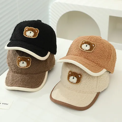 Kids Winter Warm Lamb Velvet Baseball Cap Cute Teddy Bear Patch Peaked Hat For Boys Girls Toddler Outdoor Casual Streetwear