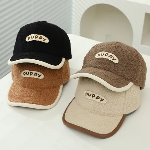 Kids Lamb Wool Baseball Cap Winter Warm Teddy Fleece Letter Embroidered Patch Contrast Binding Adjustable Sun Hat For Boys Girls