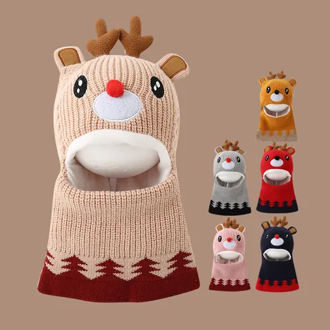 Children's Christmas Reindeer Knit Balaclava Hat Fleece Lined Warm Winter Earflap Cap With Neck Warmer For Boys Girls