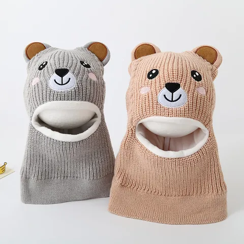 Children Winter Knitted Bear Balaclava Fleece Lined Warm Ear Protection Hooded Neck Warmer Cartoon Hat For Boys Girls
