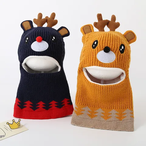 Children's Christmas Reindeer Knit Balaclava Hat Fleece Lined Warm Winter Earflap Cap With Neck Warmer For Boys Girls