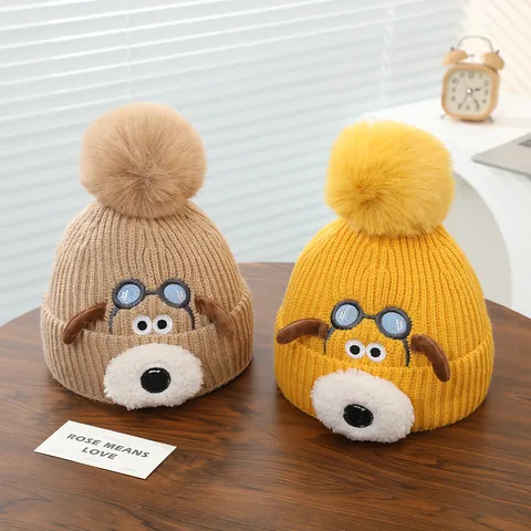 Kinder Winter Gebreide Muts Beanie Cartoon Puppy Patroon Met Pompon Warme Zachte Gehaakte Pullover Muts Voor Jongens Meisjes Peuter