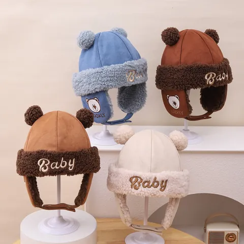 Wintermütze Für Babys Und Kinder Aus Wildlederimitat Und Lammwolle Dicke Warme Ohrenschützer Winddicht Bärenbeanie