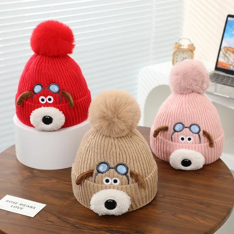 Kinder Winter Gebreide Muts Beanie Cartoon Puppy Patroon Met Pompon Warme Zachte Gehaakte Pullover Muts Voor Jongens Meisjes Peuter