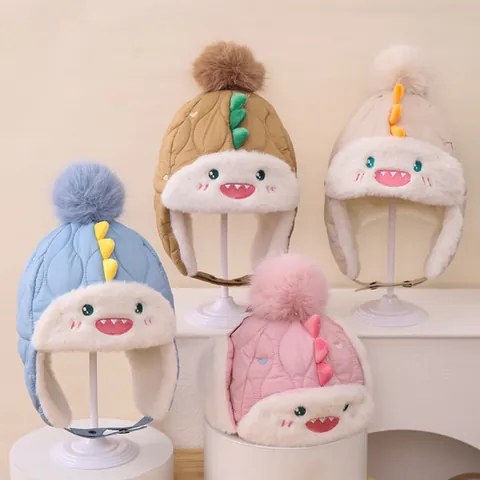 Gorro de Aviador de Dinosaurio de Dibujos Animados para Niños Invierno Grueso Cálido con Orejeras y Correa Ajustable en la Barbilla Pompon para Niños Niñas