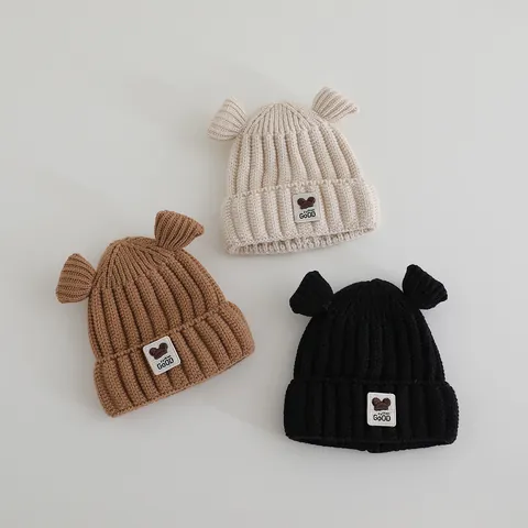 Cute Bear Ears Knit Hat For Baby Toddler Kids Warm Winter Beanie Thick Ribbed Fashion GOOD Patch Knitted Cap For Boys Girls