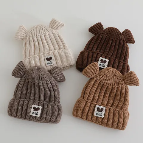 Cute Bear Ears Knit Hat For Baby Toddler Kids Warm Winter Beanie Thick Ribbed Fashion GOOD Patch Knitted Cap For Boys Girls