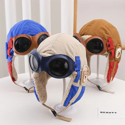 Kinder Winter Fliegermütze Mit Kunstlammfell-Futter Süßer Bären-Aufnäher Und Dekorative Fliegerbrille Warme Ohrenklappenmütze