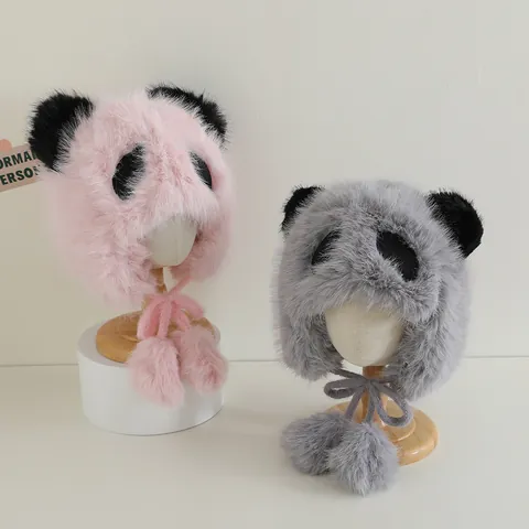 Kids Winter Panda Faux Fur Earflap Hat Warm Plush Lei Feng Hat For Toddlers 2-6 Years Old Soft Beanie With Pom Poms