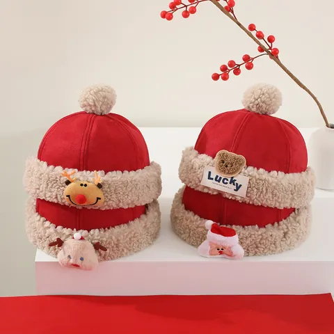 Kids Winter Warm Landlord Hat Red Plush Christmas Santa Reindeer Lion Dance Miki Hat For Toddler Boys Girls 2-5 Years Old