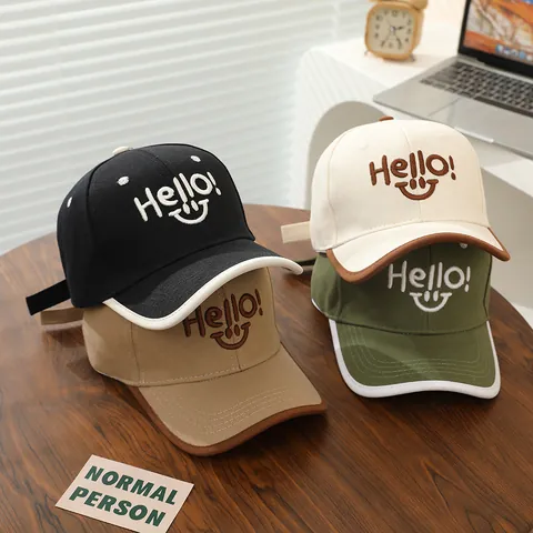 Fashion Kids Embroidered Hello Letter Smile Baseball Cap Contrast Color Brim Cotton Canvas Adjustable Sun Hat For Children