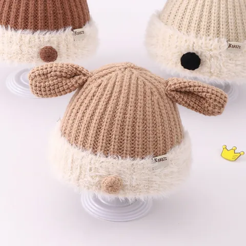 Toddler Baby Winter Knitted Hat Long Animal Ears Warm Ear Protection Thickened Acrylic Pullover Cap For Kids Boys Girls