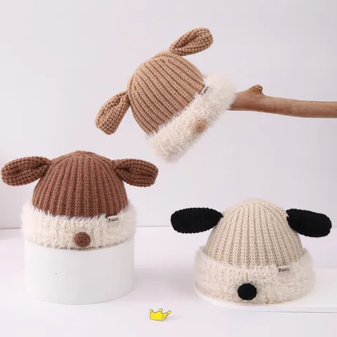 Toddler Baby Winter Knitted Hat Long Animal Ears Warm Ear Protection Thickened Acrylic Pullover Cap For Kids Boys Girls