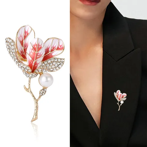 Vintage Enamel Flower Brooch For Women Alloy Rhinestone Artificial Pearl Floral Corset Pin Elegant Jewelry For Wedding Banquet Gift