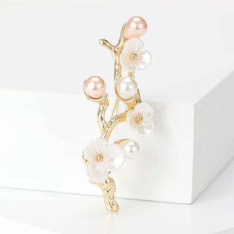 Elegant Peach Blossom Flower Branch Brooch Pin Alloy With Faux Artificial Pearl Inlaid Vintage Gold Silver Plated Jewelry For Women Wedding Banquet Party Dress Accessories