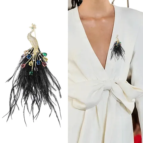 Vintage Peacock Brooch Rhinestone Multi-color Gemstone Natural Feather Animal Lapel Pin For Women Luxury Banquet Jewelry