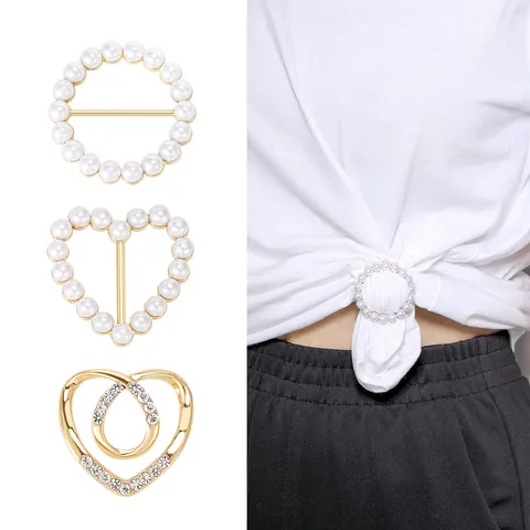 Elegantes Künstliche Perle Herz Schalschnalle Und T-Shirt Knoten Ring Set Für Damen Legierung Strass Fixierung Brosche Schmuck Zubehör
