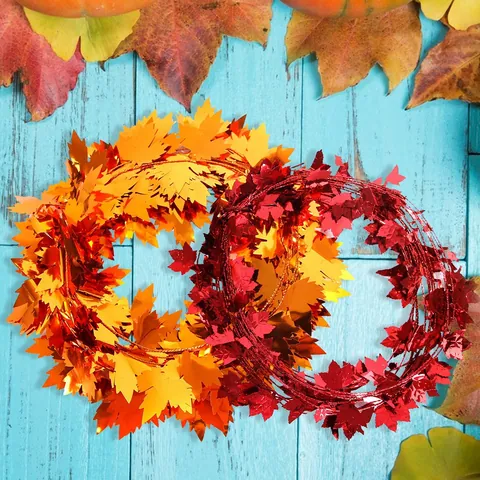 Thanksgiving Maple Leaf Tinsel Garland With Wire Metallic Foil Autumn Harvest Party Home Door Window Decor Wreath