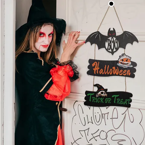Halloween Wooden Door Sign Hanging Decoration Pumpkin Ghost Bat Spider Web Boo Trick Or Treat Party Home Wall Ornaments
