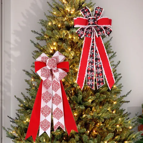 Grote Kerstboom Top Boog Buffalo Ruit Fluweel Sneeuwvlok Rendier Decoratieve Hangende Boog Voor Kerstfeest Huisdecoratie
