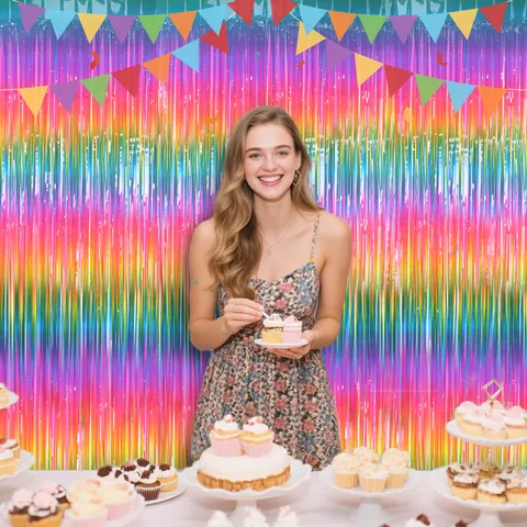 Regenbogen Gradient Folie Fransen Vorhang Party Hintergrund Dekoration Für Geburtstag Hochzeit Bühne PET Material