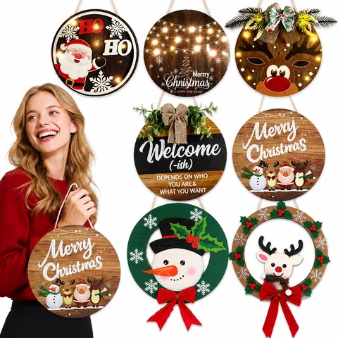 Cartello per Porta in Legno Natalizio Con Luci LED Renna Pupazzo di Neve Babbo Natale Welcome Appeso per Decorazione Festa Casa