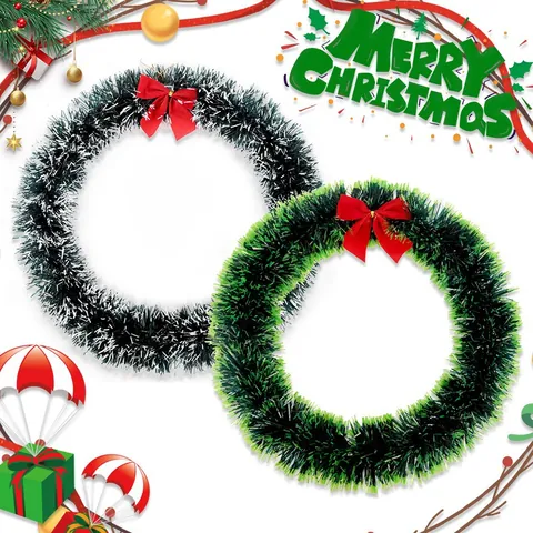 Artificial Christmas Tinsel Wreath With Red Bow Green White Tipped Snow Hanging Garland For Home Party Door Decoration